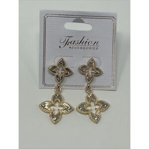 NWT Fashion Accessories Gold Tone Clover Dangle Earrings Rhinestone Accents